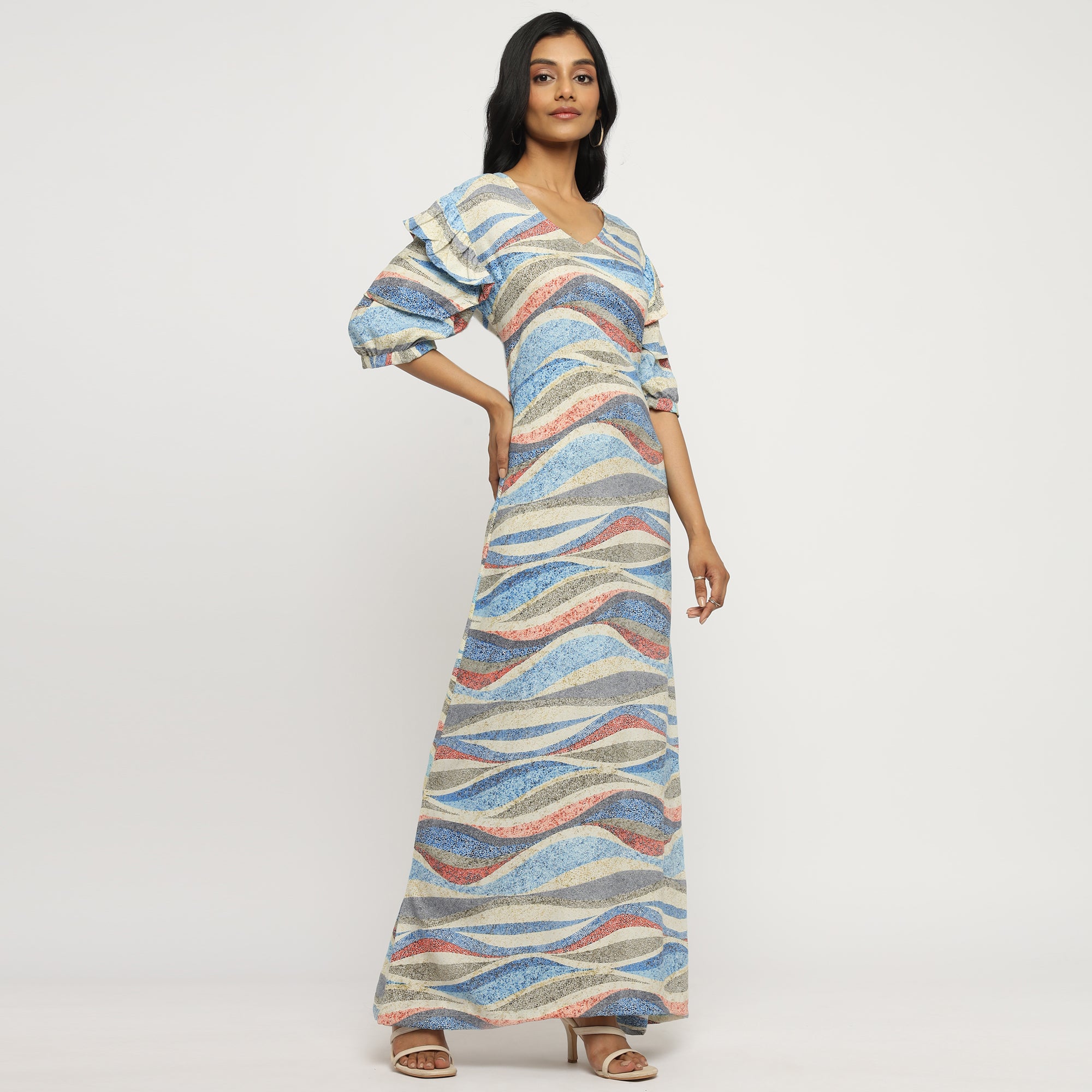 Coastal Waves Puff Sleeve Maxi Dress
